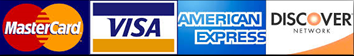 We accept MasterCard, Visa, American Express, and Discover